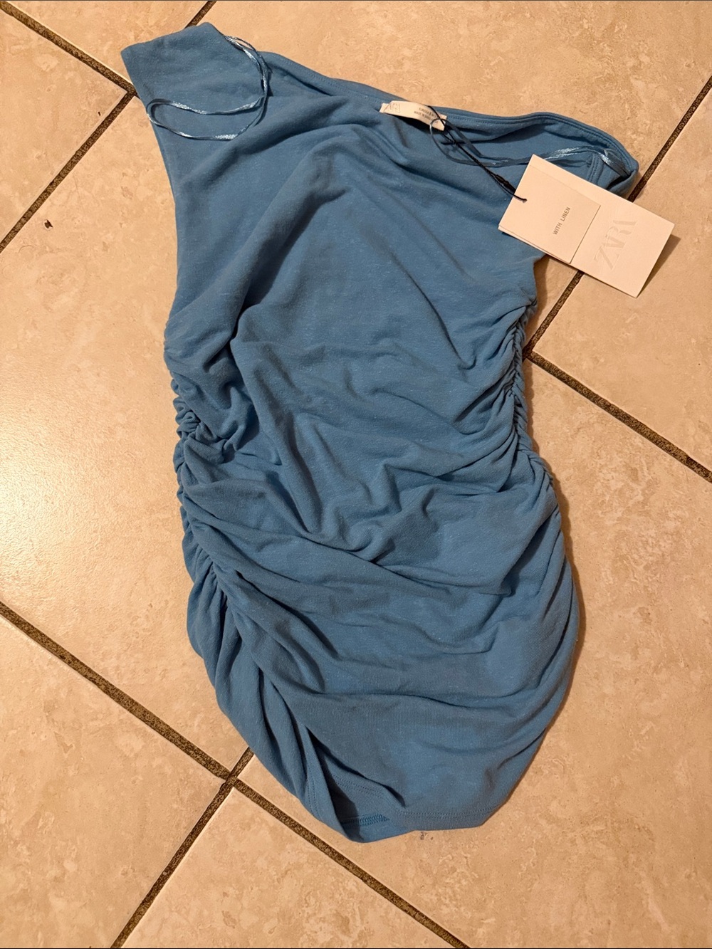 ZARA Dusty Blue One-Shoulder Ruched Dress